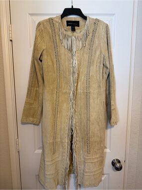 VINTAGE Moda International Beige Fringe Suede Long Jacket